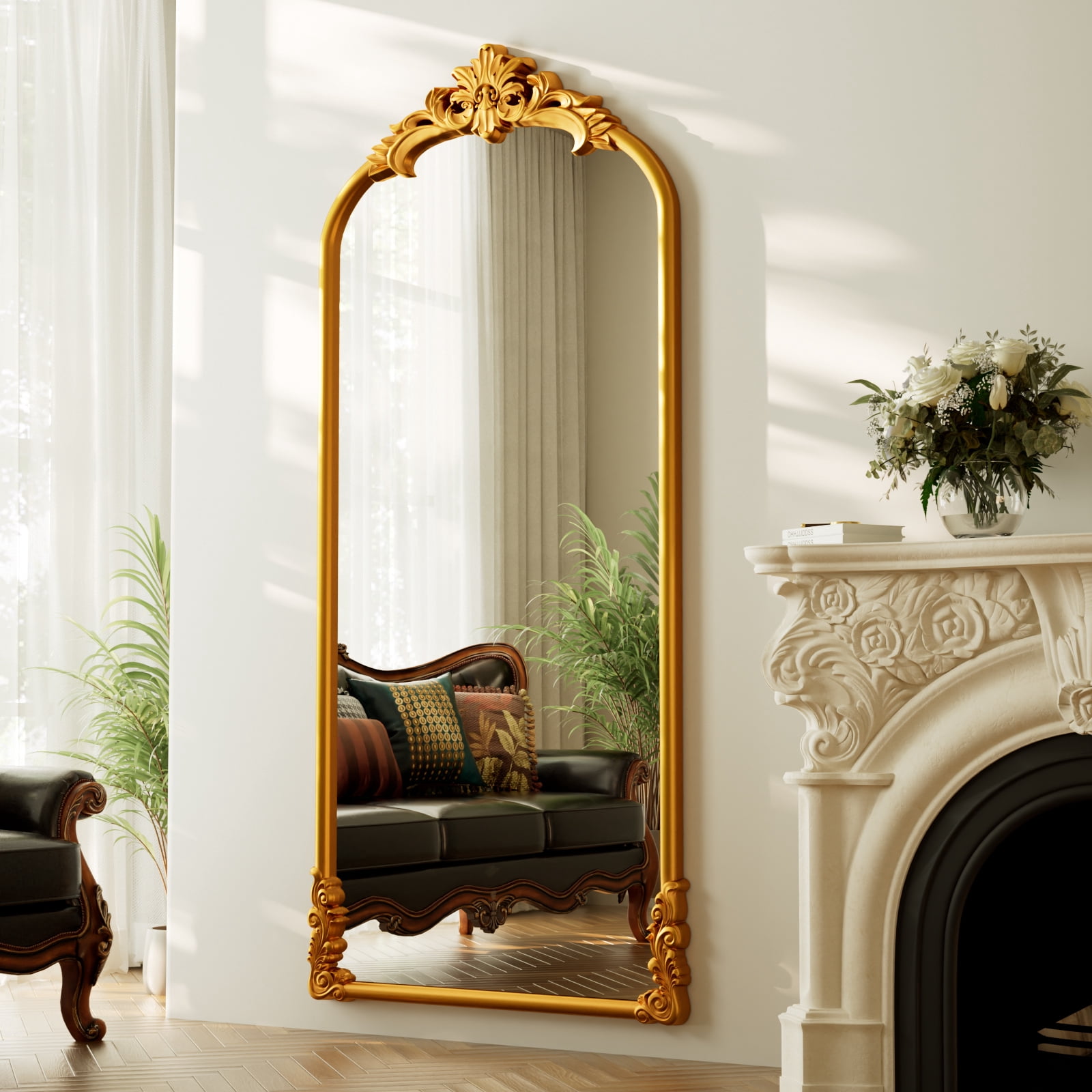 Easy4Home 71"x32" Arched Full-Length Floor Mirror Smooth Arch Top Floral Crest Standing Mirror, Bright Gold