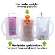 Flipping Holder 2-pack (White/Purple) Squeeze-Proof Mess-Free Holder for Food Pouches, Juice Boxes, and Juice Pouches MADE IN USA