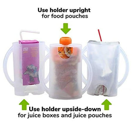 Flipping Holder 2-pack (White/Purple) Squeeze-Proof Mess-Free Holder for Food Pouches, Juice Boxes, and Juice Pouches MADE IN USA