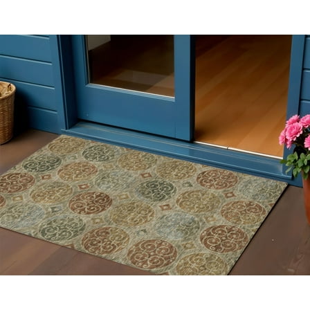 3' X 5' Taupe Green And Gold Trellis Washable Indoor Outdoor Area Rug