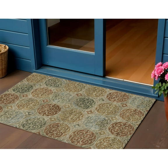 3' X 5' Taupe Green And Gold Trellis Washable Indoor Outdoor Area Rug