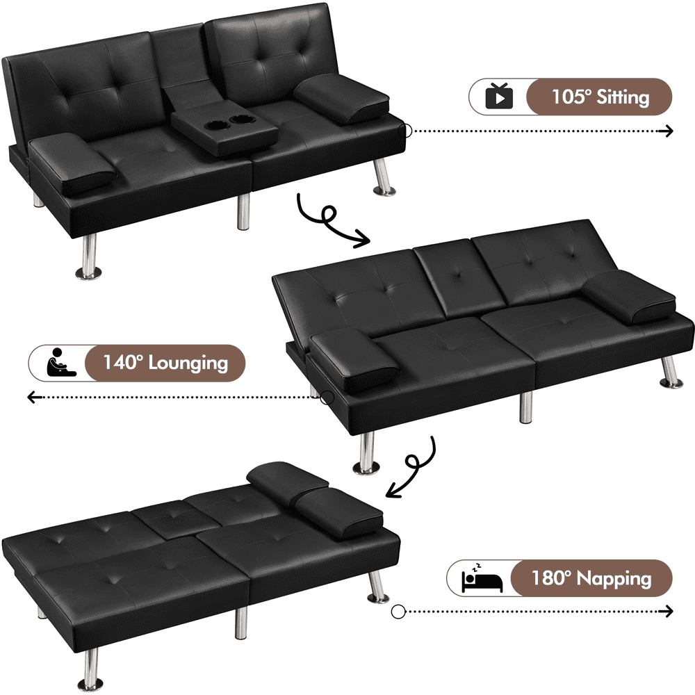 Renwick Modern Faux Leather Futon Sofa Bed Convertible Folding Couch with Cup Holders, Black