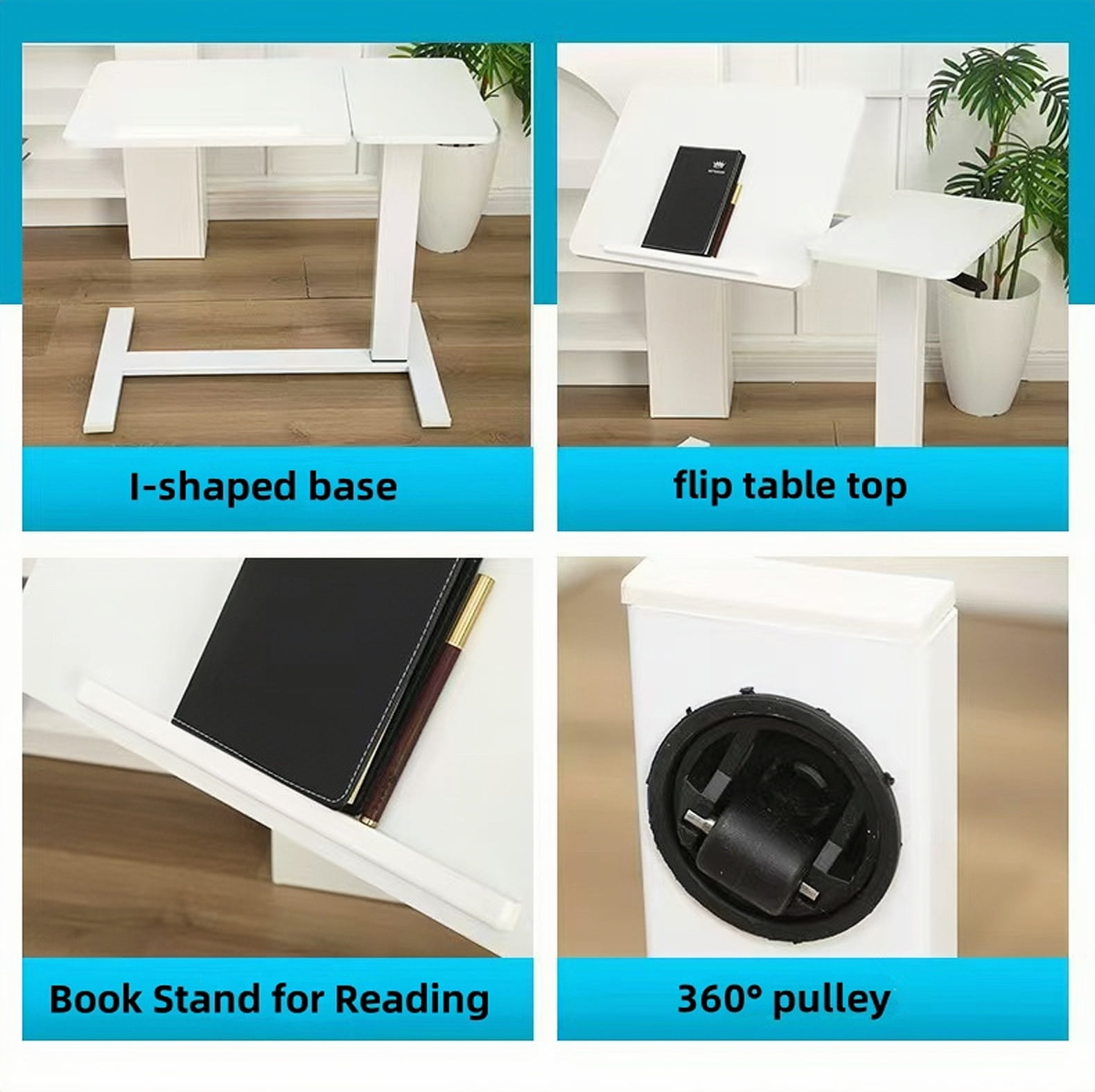 Adjustable Overbed Bedside Table,Folding Tray Table with Wheels,Mobile Rolling Laptop Stand for Home,Hospital,School,White