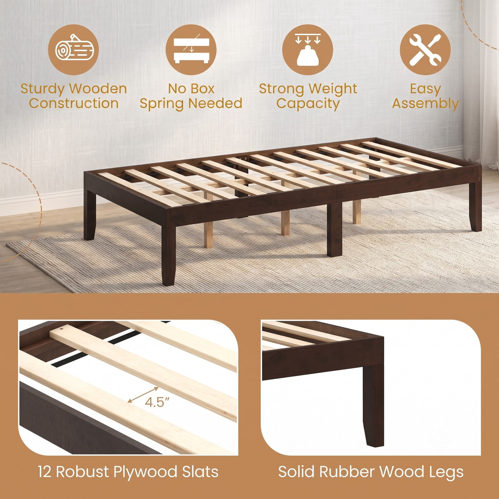 Furnibear Twin Bed Frame with Storage, 14 Inch Wood Platform Bed Frame with Slat Support and Under Bed Storage, No Box Spring, Espresso