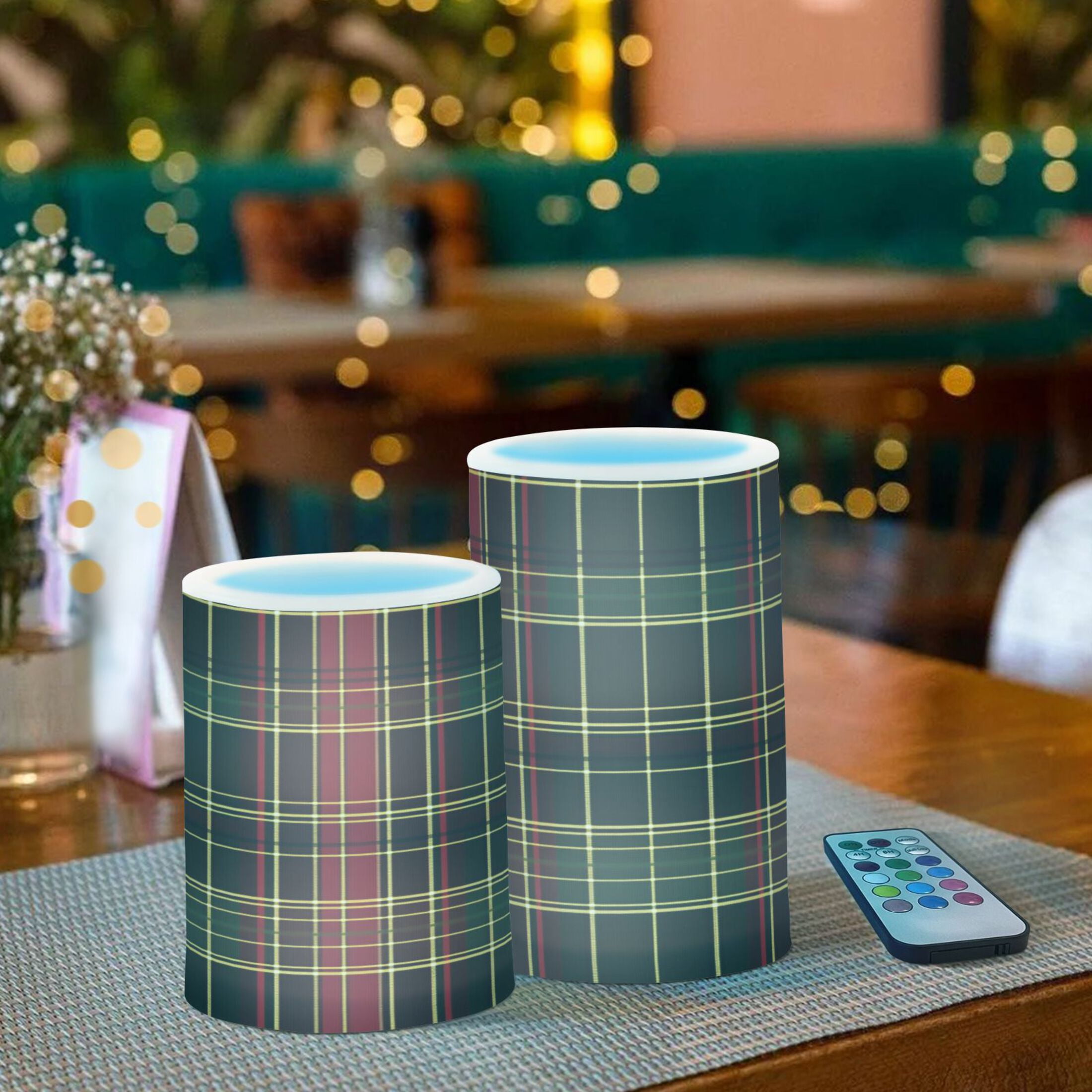 2 PCS Flameless Candles with Remote Timer LED Battery Operated Flickering Candle Light for Wedding Table Home Decoration Gifts Red and Green Tartan Plaid