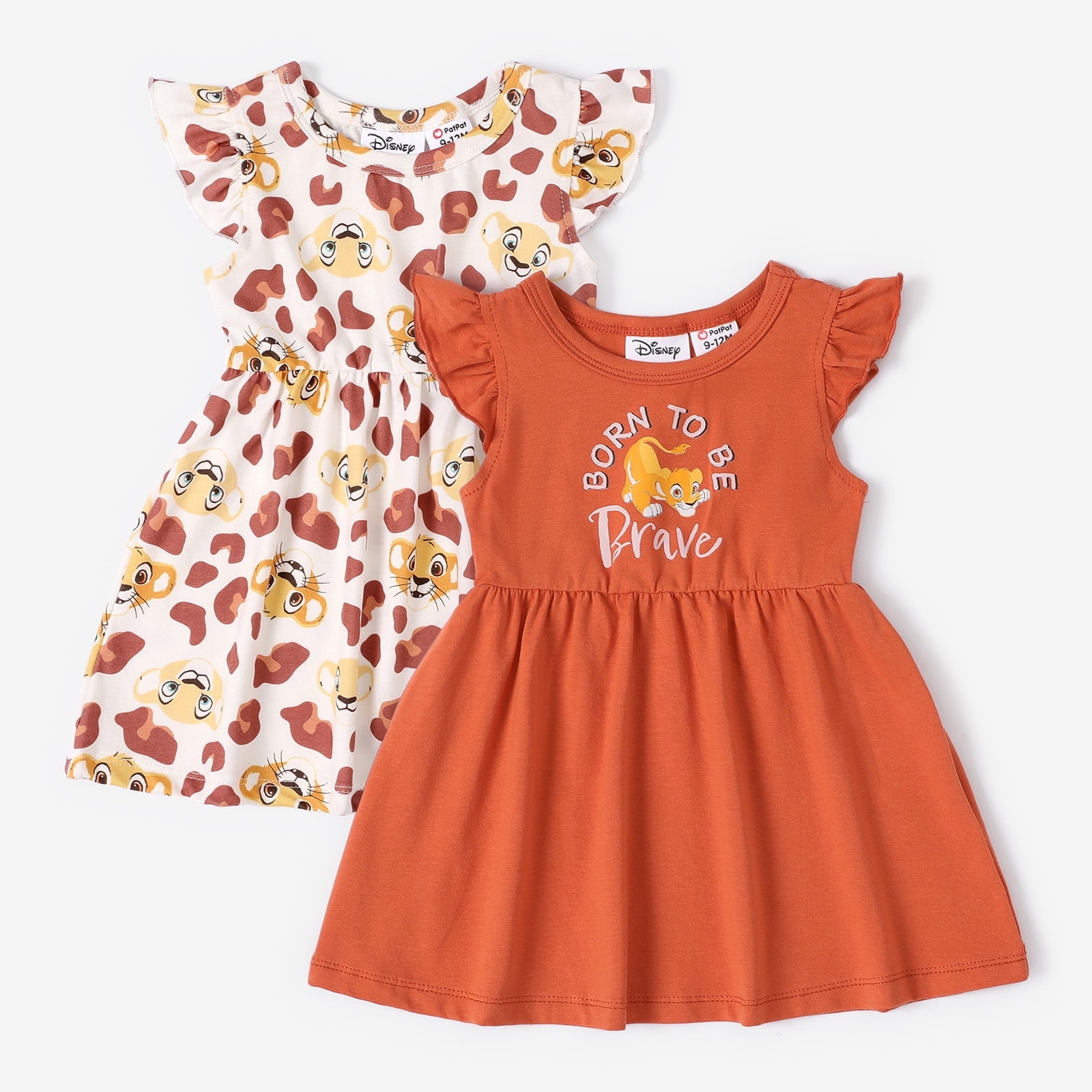 Patpat Disney Baby Girls Dresses 2 Pack Lion King Ruffled Sleeves Infant Summer Outfits Graphic Newborn Clothes 0 3 24m Brown