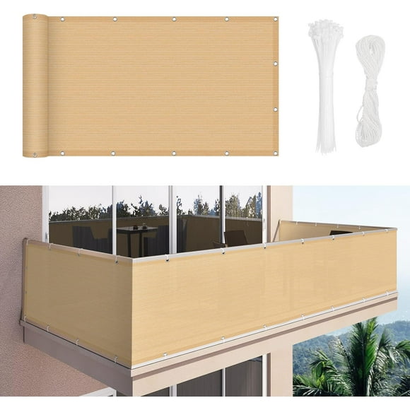 Balcony Privacy Screen 90 x 600cm Privacy Cover 180g/m² HDPE Fabric UV Protection Wind Screen for Garden Patio Outdoor with Cable Ties and Cords, Sand