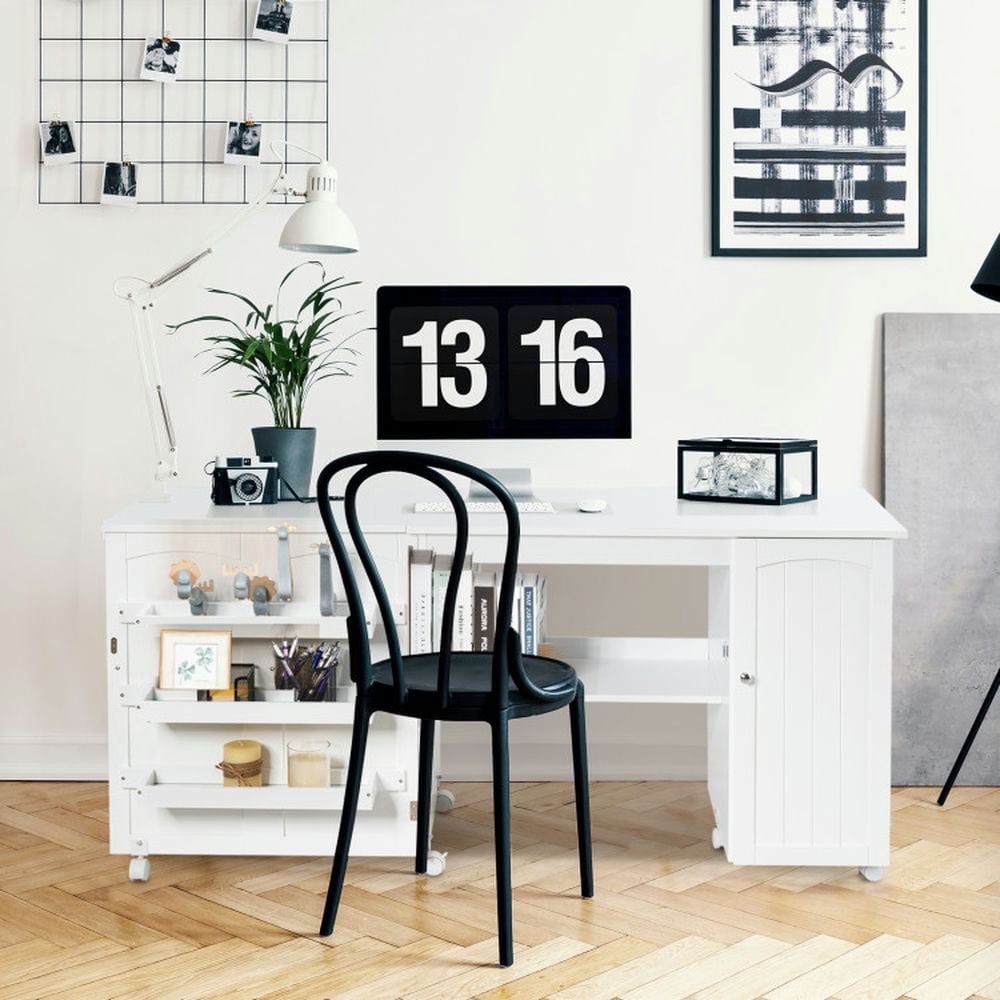 Demi Bonn Folding Sewing Table Shelves Storage Cabinet Craft Cart with Wheels, Small Home Office Desk Study Writing Table, White