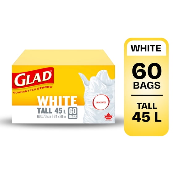 60 sacs à ordures blancs longs de Glad d’une capacité de 45 L