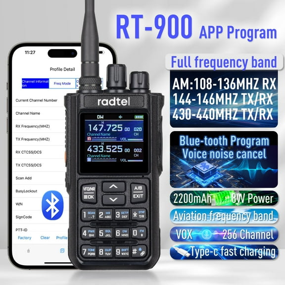 Radtel RT-900 8W Full band Ham Radio Walkie Talkie 256CH Air Band Two Way Radio Station Aviation NOAA Police Marine River PTT（2PCS）
