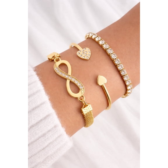 Gold Bracelet Set for Women – Infinity Charm, Heart Bangle & Cubic Zirconia Tennis Bracelet Stack – Elegant Layered Jewelry Gift Set