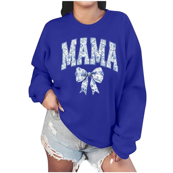 Penkiiy Mujeres de manga larga Mama Sudaderas de cuello redondo Suéter suelto blusa ligera Tops XL Azul