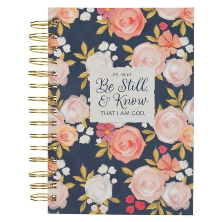Christian Art Gifts Inspirational Journal, Be Still & Know That I Am God Wide Ruled Notebook, Ps. 46:10 Bible Verse, Navy Blue/Pink Florals, 192 Lined Pages w/scripture, (8.4” x 6.4” x 1”)