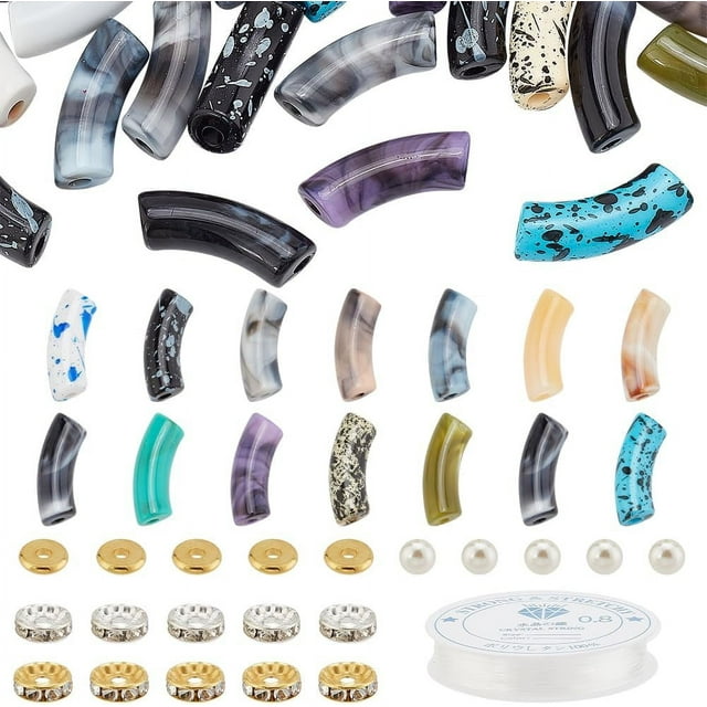 Kit para hacer 285 cuentas de tubo acrílico para pulseras, cuentas de tubo curvadas, cuentas de acrílico y cuerdas elásticas.