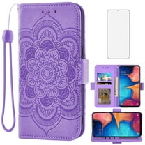Asuwish Compatible with Samsung Galaxy A20e Wallet Phone Case and Tempered Glass Screen Protector Flip Credit Card Holder Stand Mandala Flower Cell Cover Wrist Strap for A 20e 20ae Women Men Purple