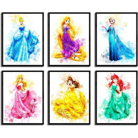Princess Poster Princess Watercolor Prints Princess Room Wall Art Decor Canvas Art HD Print Painting Room Aesthetics Decor 8X10 inch Set of 6 Unframed