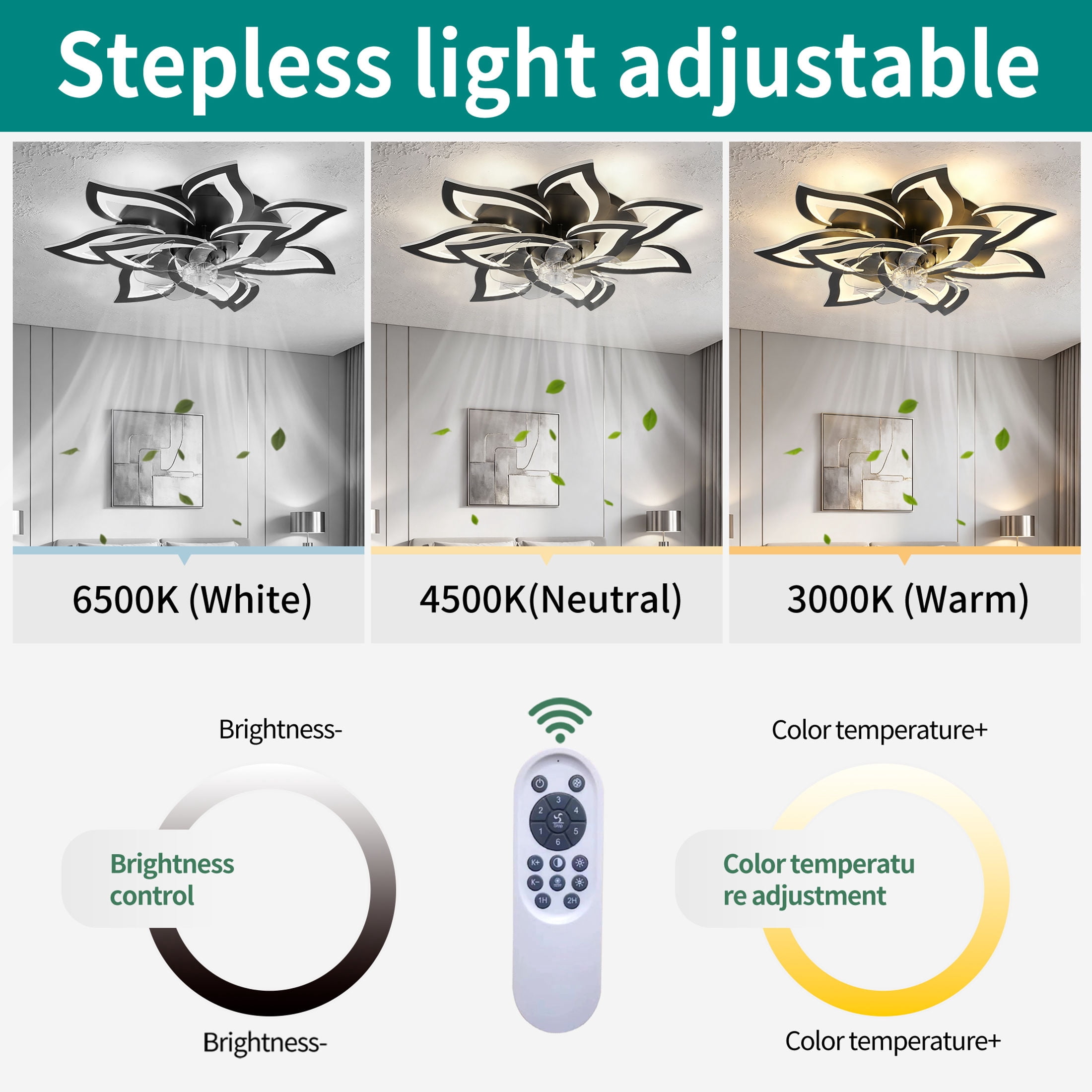 GDF Studio 10-Head Flower Modern Ceiling Fan with LED Lights & Remote Control, Low Profile Flush Mount Fandelier, Black