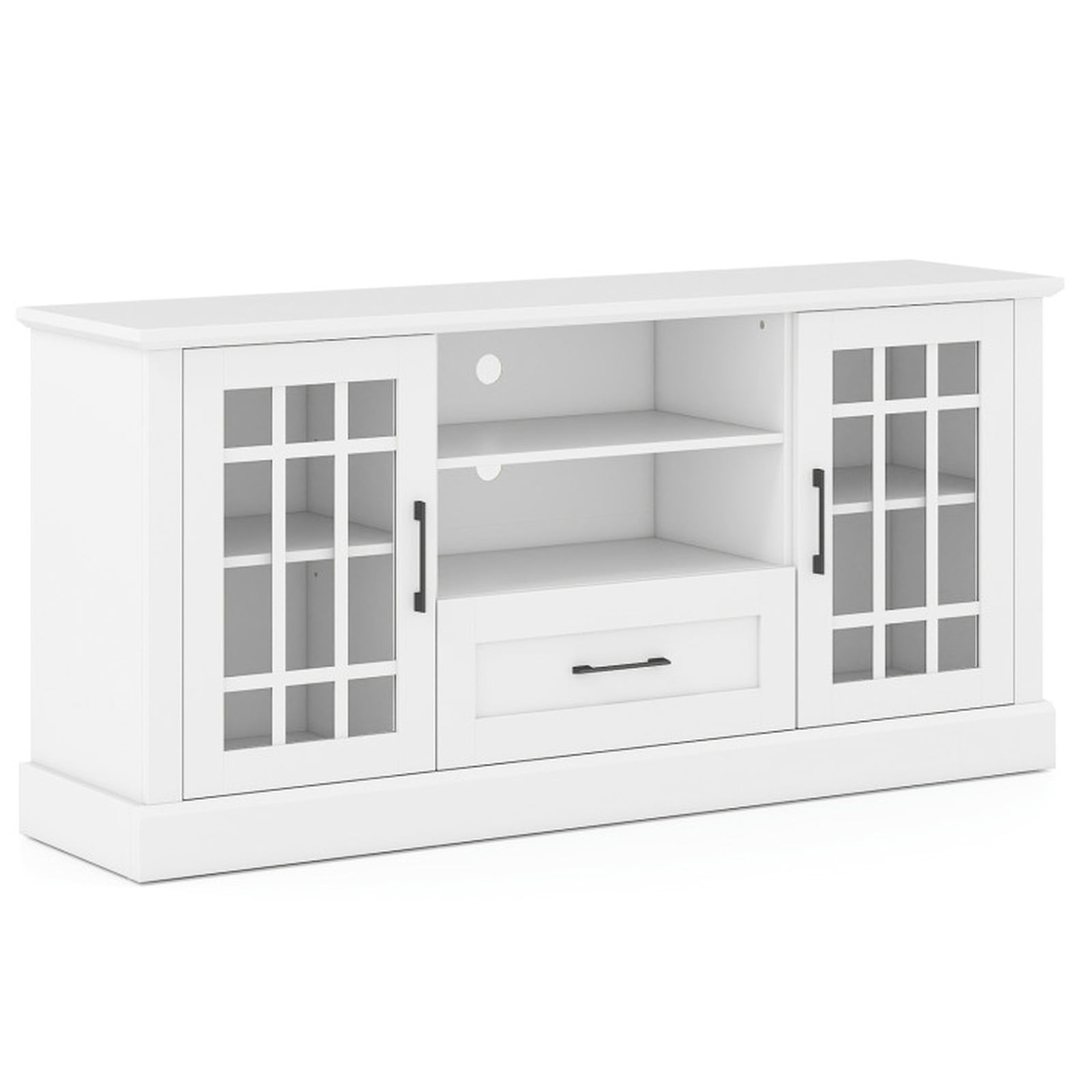 Furnibear TV Stand Entertainment Center for TVs up to 70 Inch with Tempered Glass Doors Cubbies and Drawer for Living Room Media Storage, White
