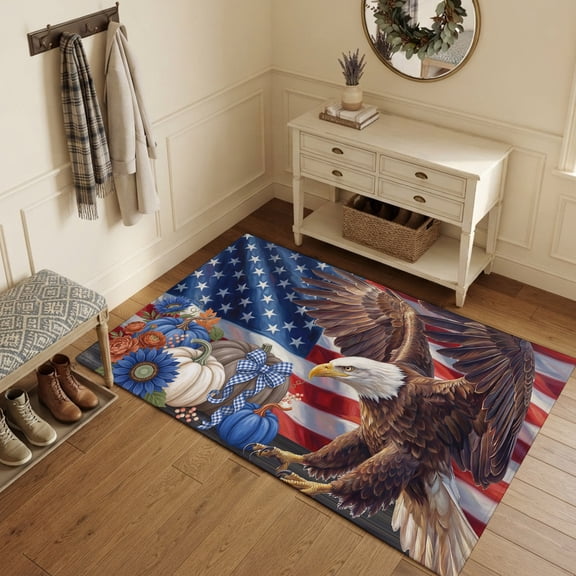 Eagle Pumpkins Fall Area Rugs 4'x6', Washable Small Throw Rugs for Office Bathroom, Blue Floral Patriotic Thanksgiving Indoor Outdoor Rug Non-Slip Low Pile Carpet Runner Reversible Floor Mats