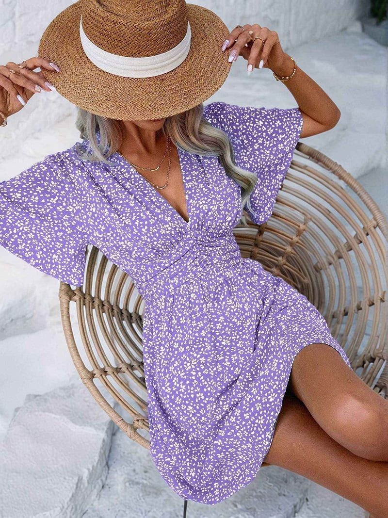 Women Summer Casual Floral Print Short Flutter Sleeve Mini Dress Casual Sundress V Neck Sun Dresses L