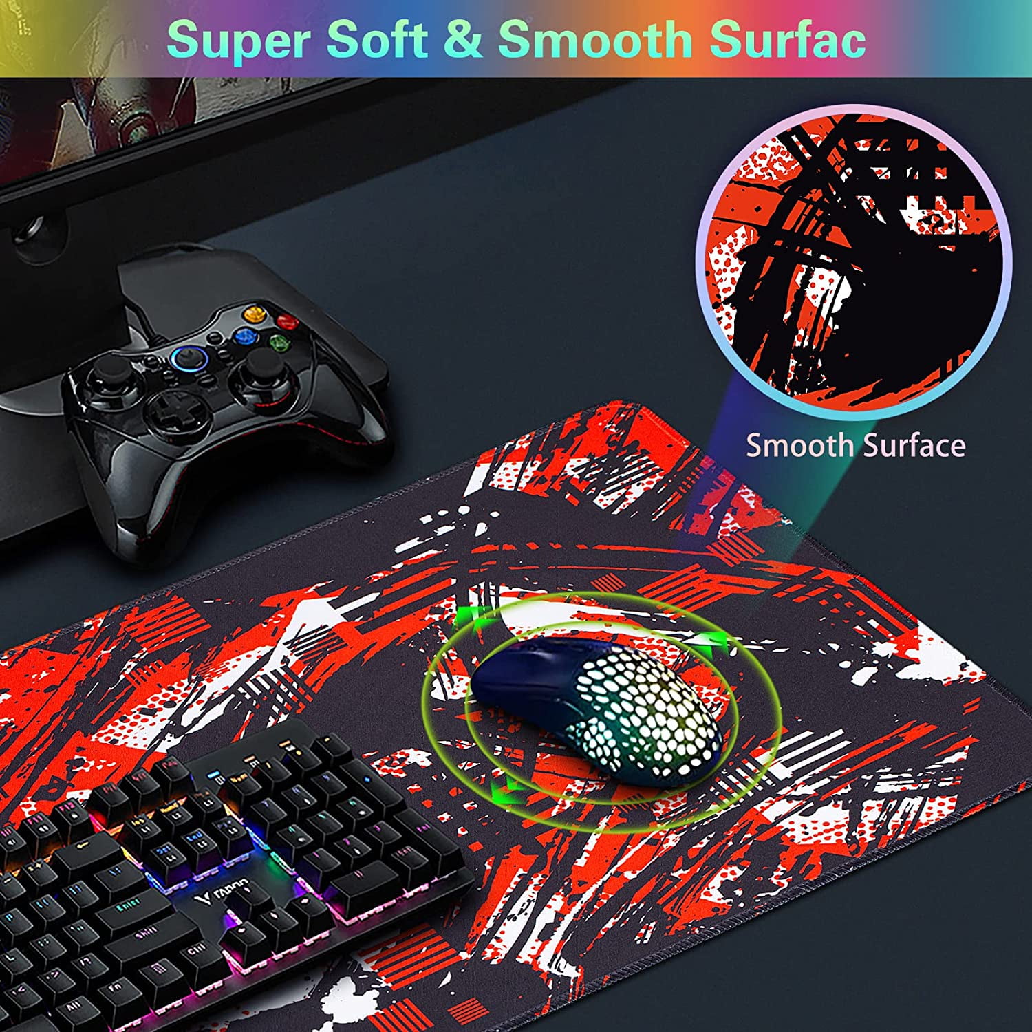 Gaming Mouse Pad, Extended Mouse Pad 31.5x15.7inch XXL Large Big Computer Keyboard Mouse Mat Desk Pad with Non-Slip Base and Stitched Edge for Home Office Gaming Work (Black Red Geometric)