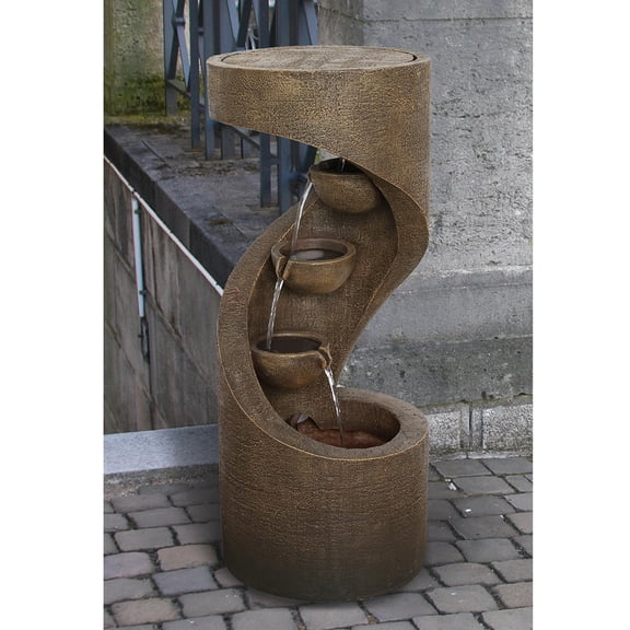 32.25" Cedar Brown Contemporary Spiral Cups Cascading Fountain with White LEDs