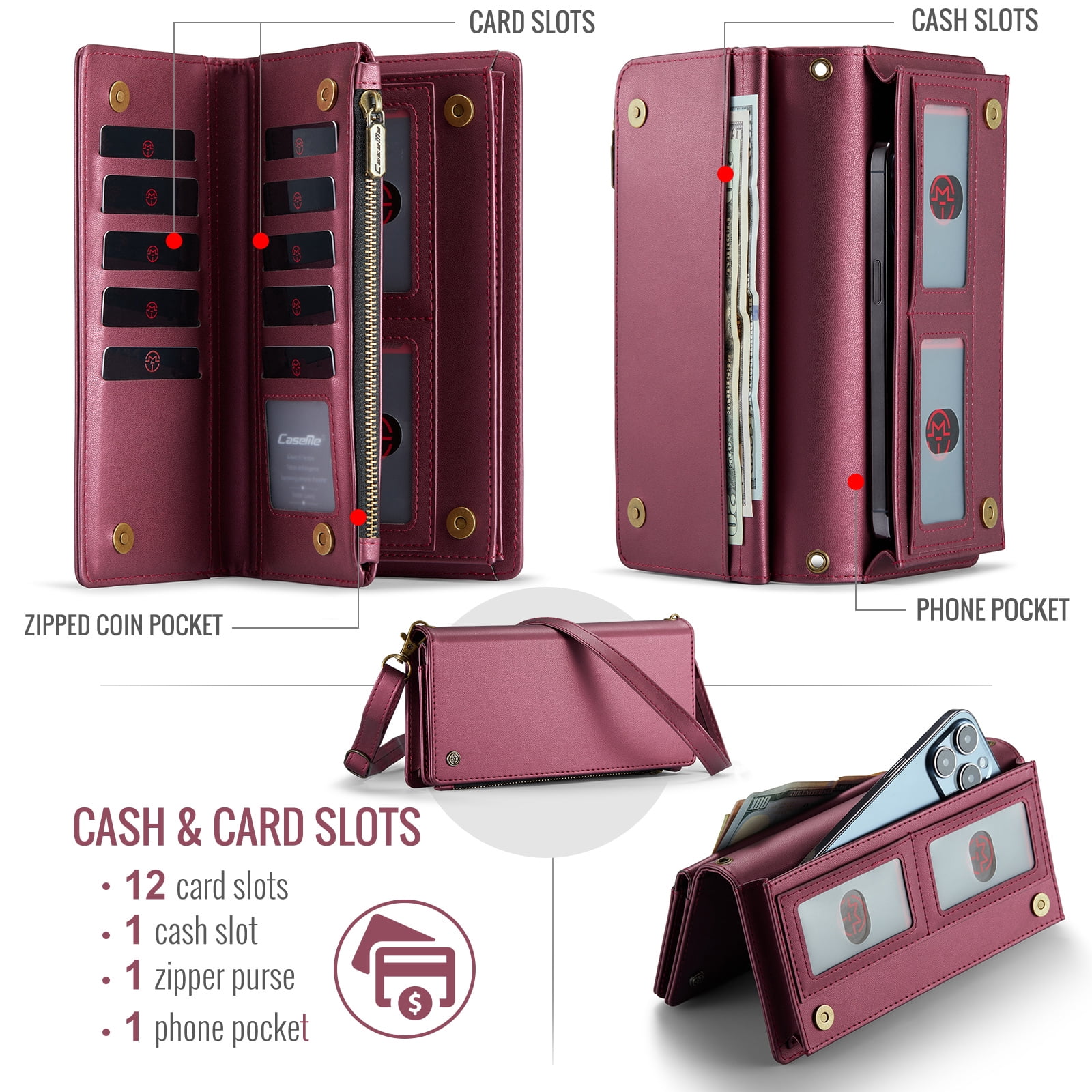 ELEHOLD Phone Bag Wallets for Women Girls,Luxury PU Leather Wallet Bag Crossbody Handbag with Phone Pocket Zipper Pocket Large Capacity Credit Card Holders Wriststrap Shoulder Strap,Winered