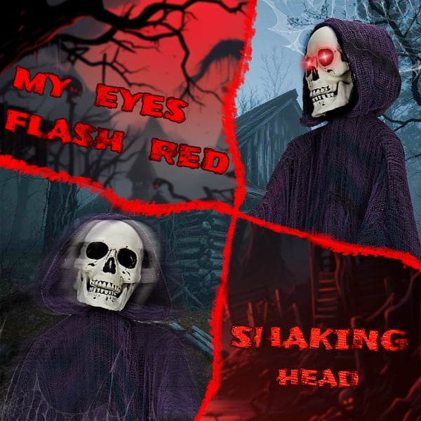 6FT Life Size Animatronic Grim Reaper Halloween Decoration, Sound Activated with Glowing Red Eyes, Moving Head & Hands, Scary Voice Phrases Battery Operated for Yard Haunted House Party Decor