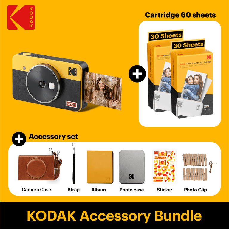 KODAK Mini Shot 2 Retro 4PASS 2-in-1 Instant Camera and Photo Printer  (2.1x3.4 inches) + 68 Sheets Gift Bundle, Yellow 