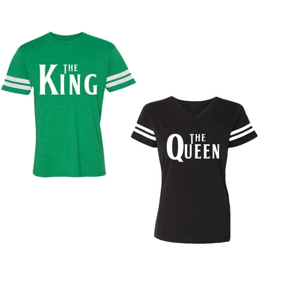 The King The Queen Unisex Couple Matching Cotton Jersey style T-Shirt Contrasting stripes on sleeves (Men Green / Women Black) (Men S / Women S)