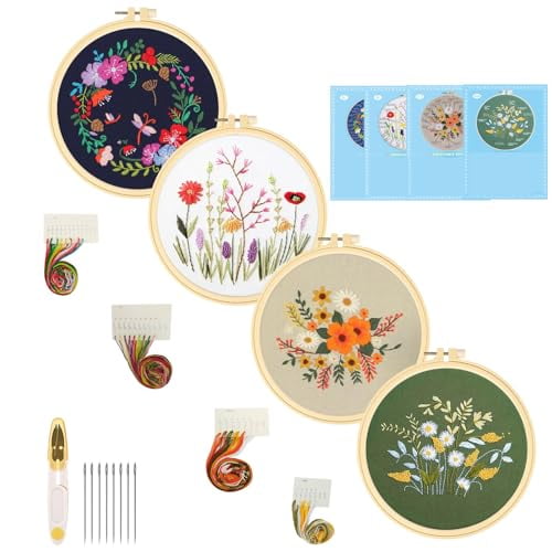 4pcs Cross Stitch Kits for Beginners Adult Kids,Embroidery Kits Stamped Flower Pattern,Needlepoint Kits with Embroidery Hoop,Floss,Needles,Detailed Instruction