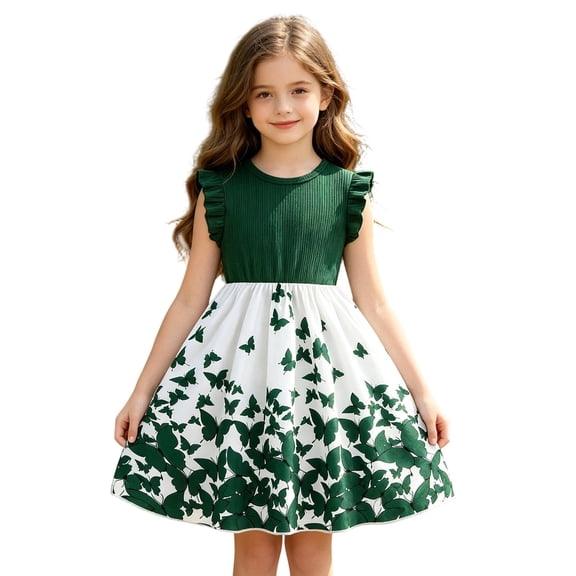 Weebloom Little Girls' Summer Dresses Flutter Sleeve Print Color Sleeveless Ruffle Dress With Pleated Detail Elegant Party Gown Dress For Girls Green 5-6 Years