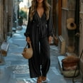 thumbnail image 2 of Jumpsuits for Women 2025 Fall Sexy Deep V Neck Long Sleeve Wide Leg Pants Romper One Piece Travel Outfits, 2 of 8