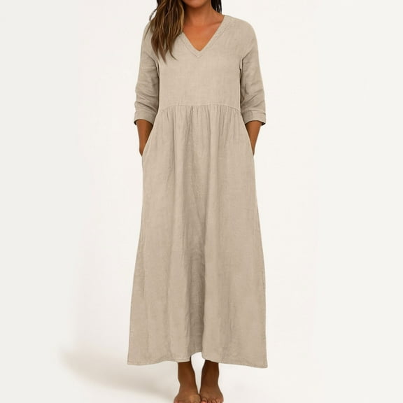 Cotton Linen Dresses for Women 2025 Fall Long Length Sleeve V Neck Maxi Dress Boho Vacation Beach Sundresses Beige L