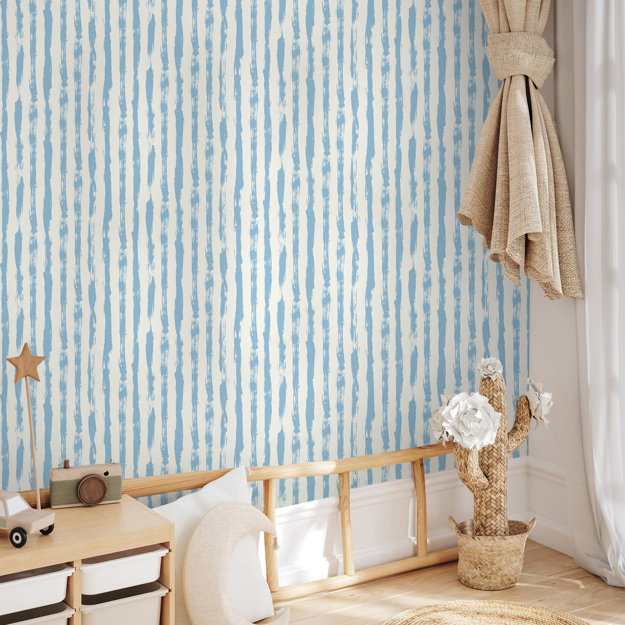 SimurgWallArts - Soft Blue Striped Peel and Stick Vinyl Wallpaper, Hand-Painted Style Nursery Mural, 19x118 in, 15,57 Sq. ft.