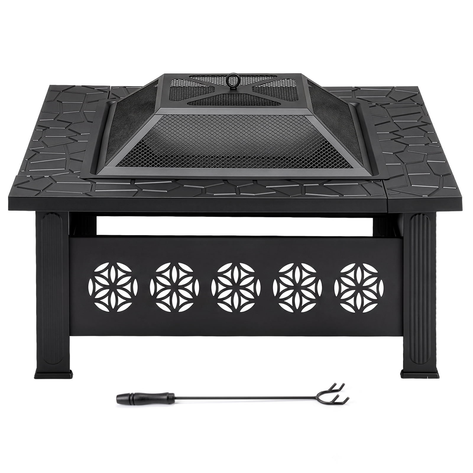 32 Inch Square Outdoor Wood Burning Fire Pit Table, Heavy Duty Wrought Iron Firepit with Pyramid Spark Screen Lid & Fire Poker, Decorative Floral Cutout Patio Fire Pit for Backyard, Garden, Lawn