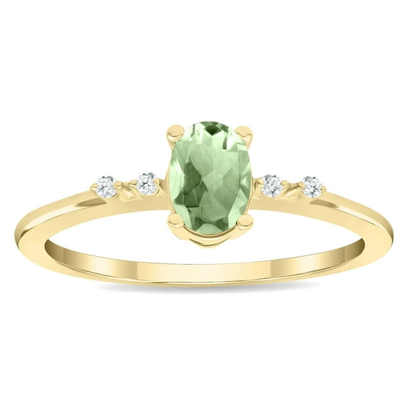 SZUL Women's Oval Shaped Green Amethyst and Diamond Sparkle Ring in 10K Yellow Gold