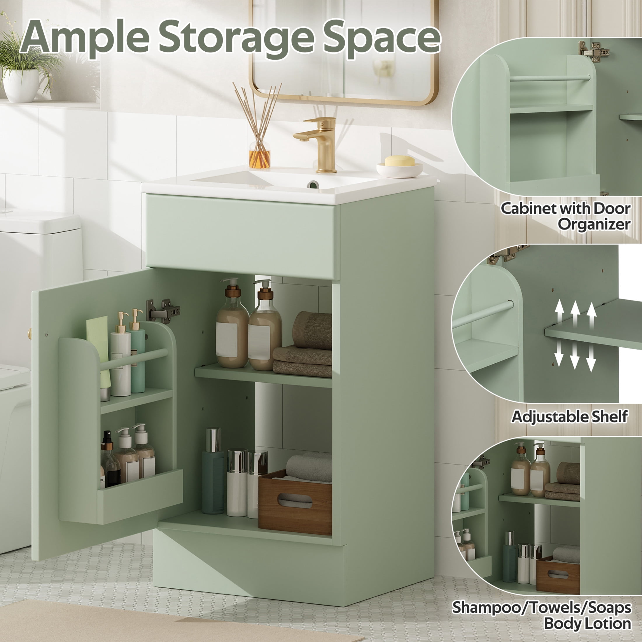 Christopher Knight Home Modern 18" Bathroom Vanity Cabinet with Ceramic Sink, Soft-Close Door, and Adjustable Storage, Light Green