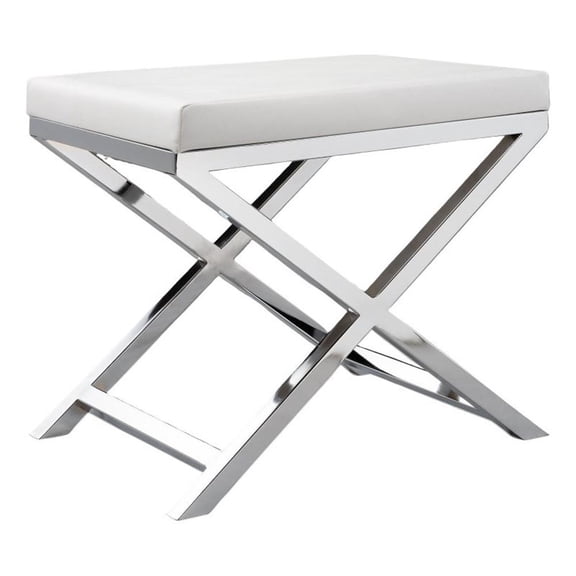 Benjara Sumi 18" Stool- Padded Seat- White Faux Leather- Crossed Chrome Legs