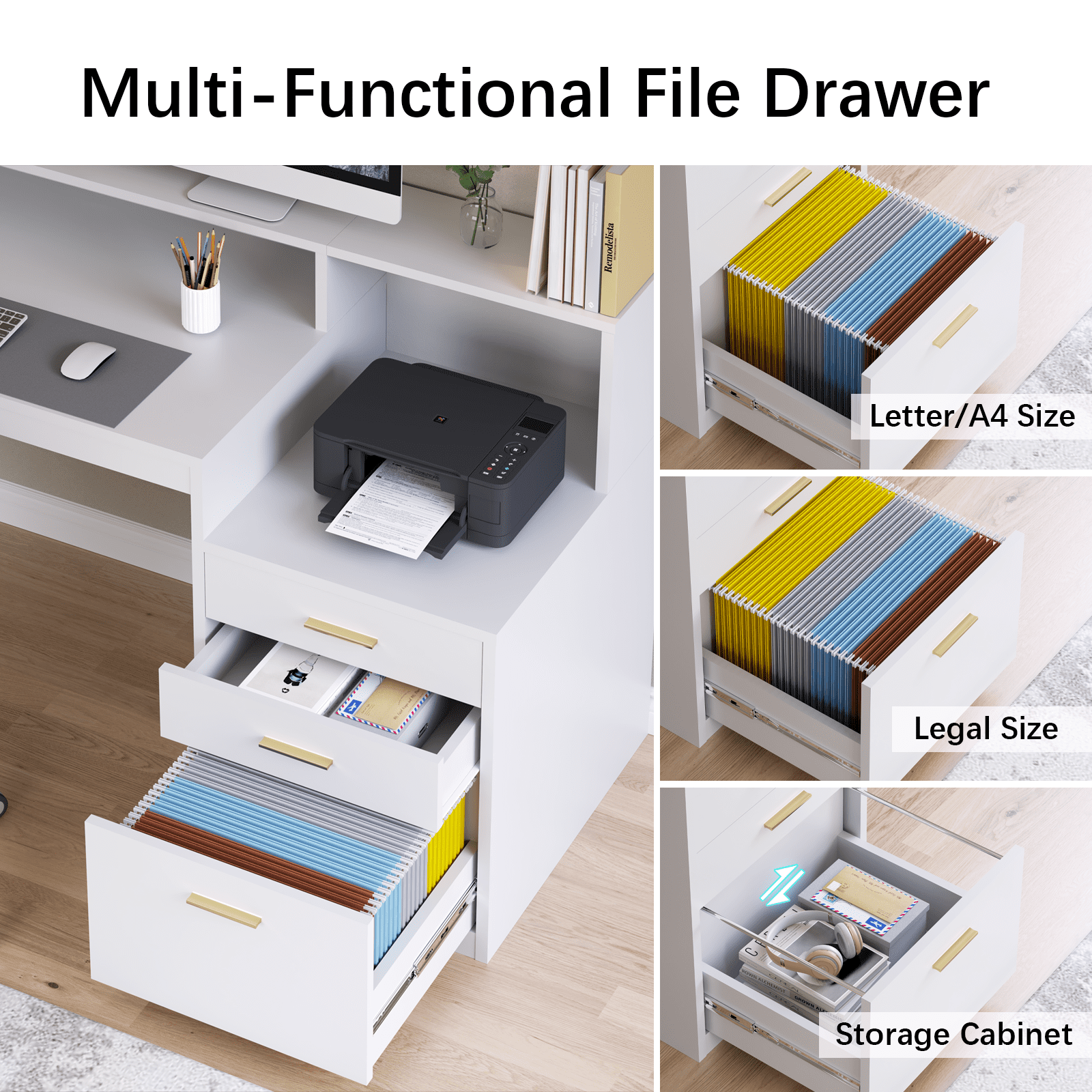 Computer Desk with 3 Drawer & Storage Shelves, Home Office Desk with File Drawer & Cabinet, Writing Study Table with Long Monitor Stand & Printer Shelf, Executive Desk, White