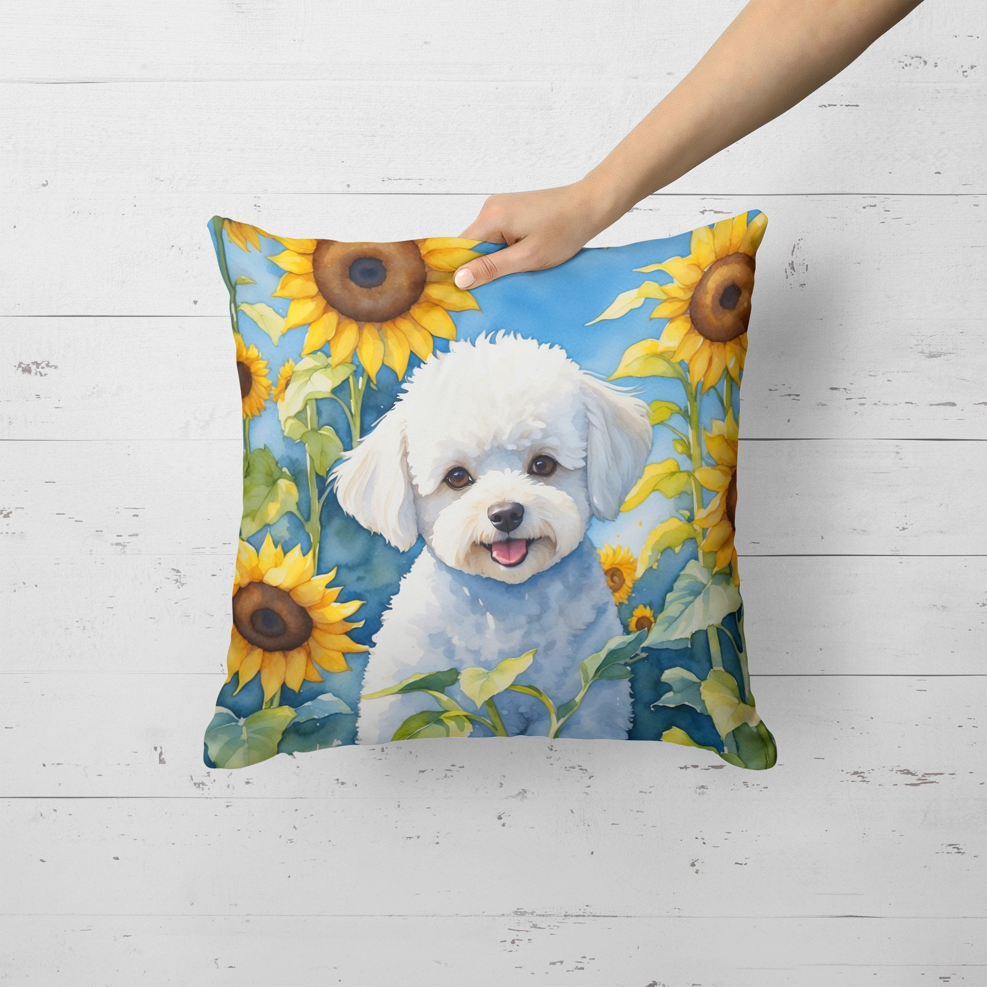 Bichon Frise in Sunflowers Throw Pillow 18 in x 18 in