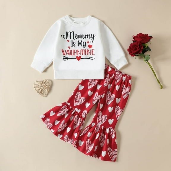 Honeeladyy Infant Baby Girl Christmas Clothes Fall Spring Letter Long Sleeve Sweatshirt Flare Pants Trendy Outfit New Year Gift White 18-24Months