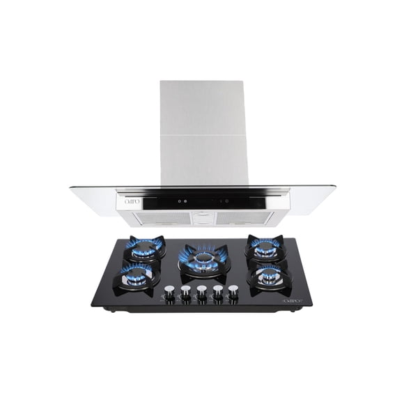 Campana de cocina de isla digital cristal recto 90cm Fordex y Parrilla de gas 5 quemadores cristal 76cm Capella