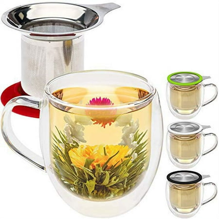 Teabloom Double-Wall Borosilicate Glass Mug with Stainless Steel Infuser and Lid – 15 OZ / 430 ML – 2 Gourmet Tea Flowers Included – Available in 4 Colors