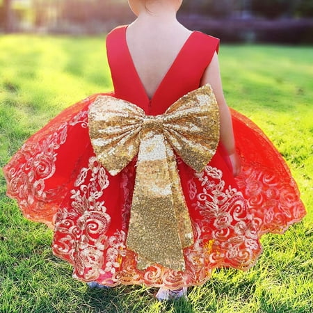 

Baby Girls Pageant Lace Embroidery Dress Party Bowknot Gown Dress with Headwear