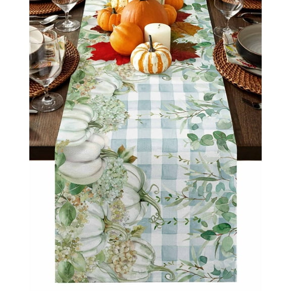 Fall Table Runner Thanksgiving Pumpkin Eucalyptus Leaf Table Runners Buffalo Plaid Cotton Linen Dresser Scarf Kitchen Dining Table Decor for Fall Holiday Party Decor 13x36 Inch