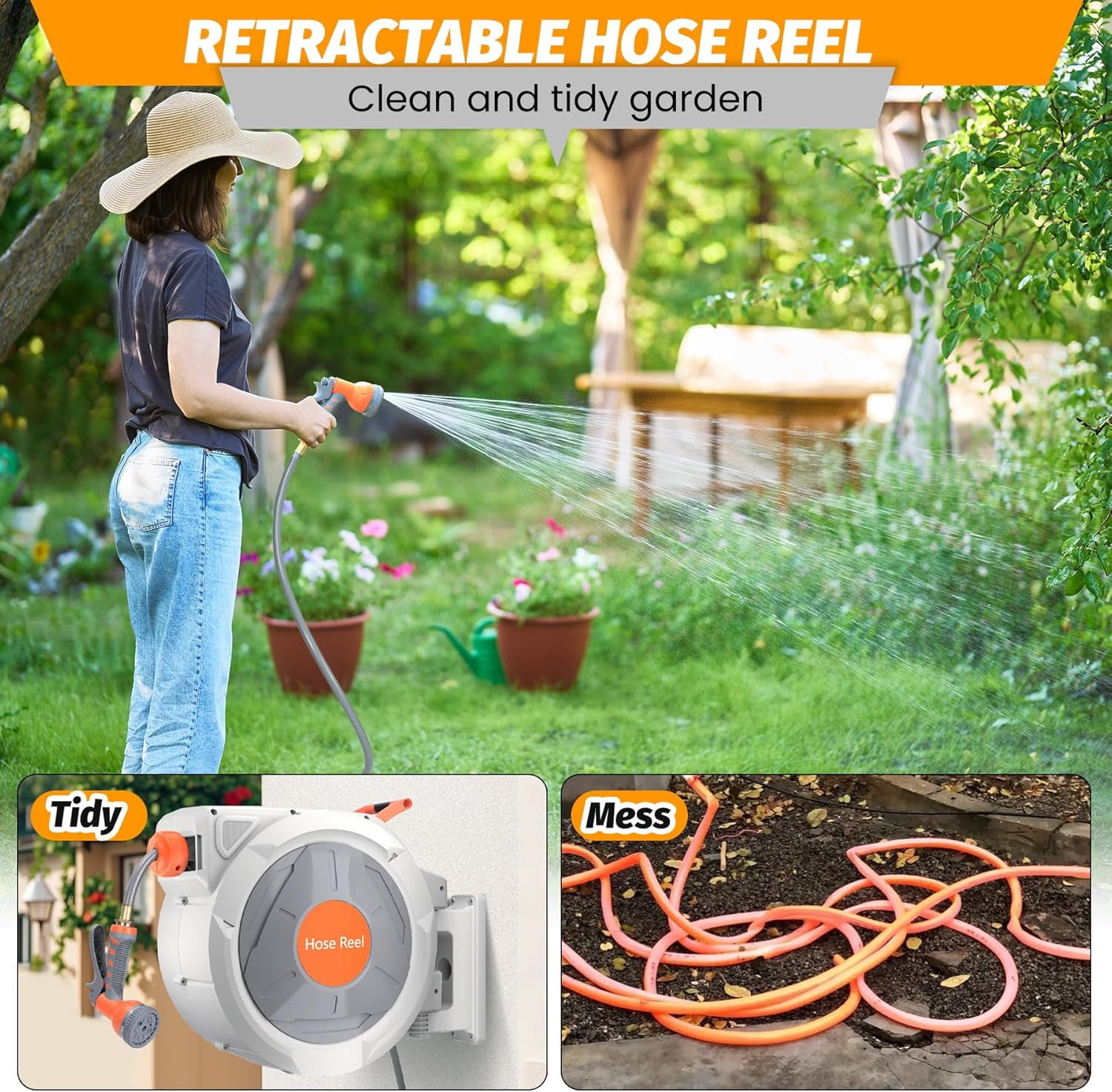 Retractable Garden Hose Reel, 5/8 In x 100 Ft With 9 Function Sprayer Nozzle, Any Length Lock, Automatic Rewind and Slow Return System, Wall Mounted and 180 Deg Swivel Bracket