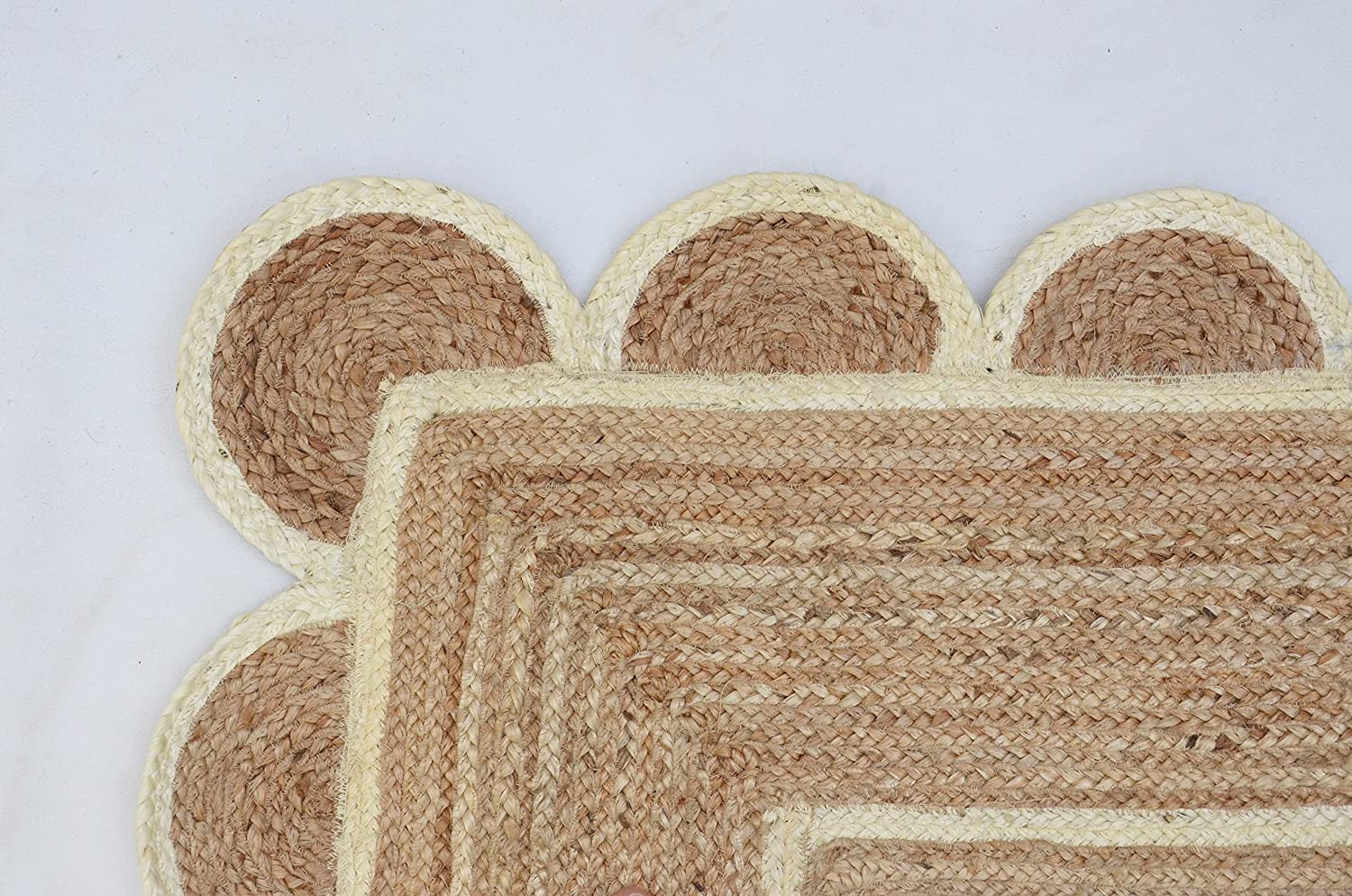 KLAVATE Natural Jute Hand Braided Scalloped Area Rug