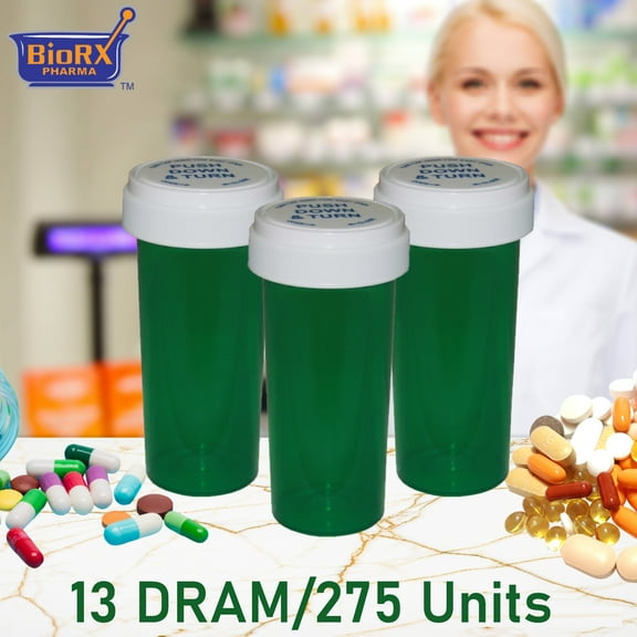 Pharmacy Prescription Vials, Green Child Resistant Medicine Bottle, 13 Dram Reversible, Caps Included, Pack of 275 (Pill Container, Pharmacy Bottle, Pharmacy Container) by Sponix BioRx