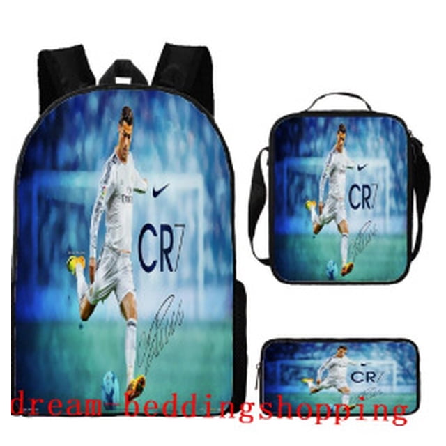 Conjunto de mochila infantil de 3 piezas con diseños de jugadores de fútbol para el colegio.